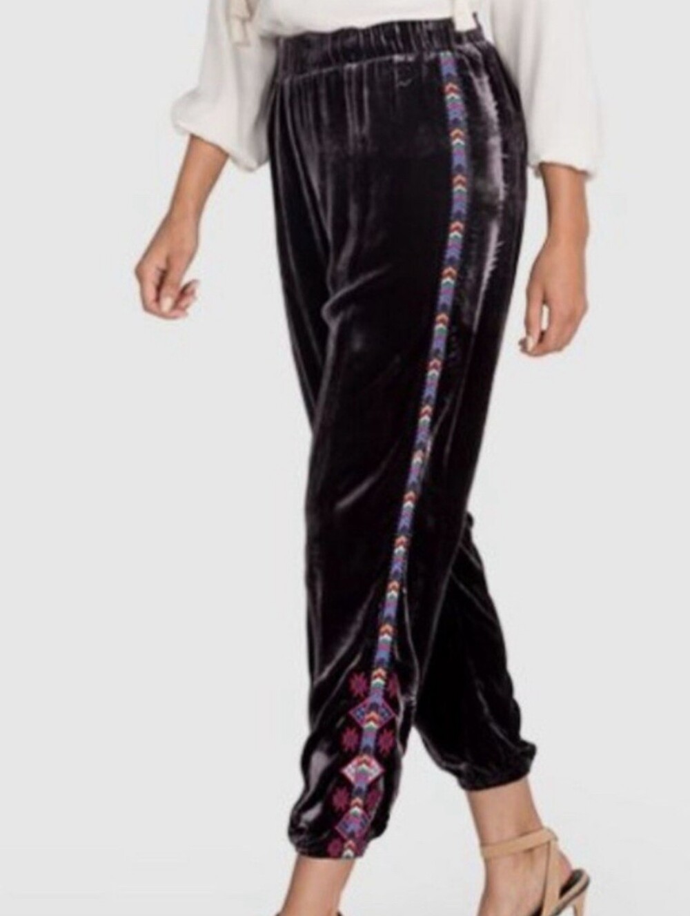 Johnny Was 💜 Silk Velvet Joggers with Multicolor Embroidered Side Trim Size Med